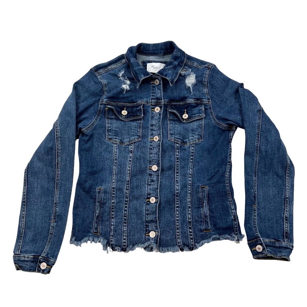 KanCan Denim Jacket Womens M Blue Distressed Raw Hem Stretch Cropped Edgy